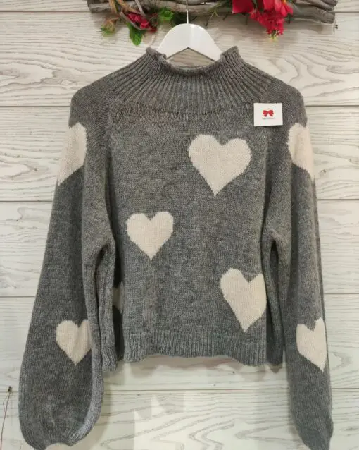 jersey love en gris. Jersey corte oversize con cuello chimenea y mangas tipo globo. Un básico amorosamente bonito.